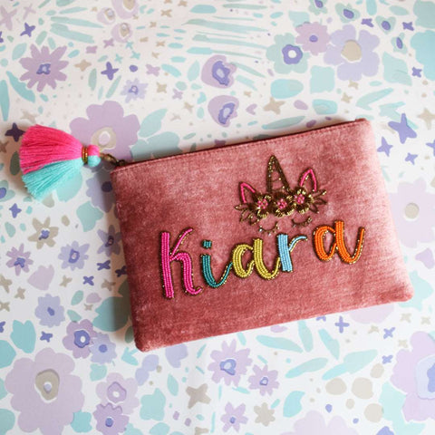 Personalized Pink Velvet Unicorn Namepouch