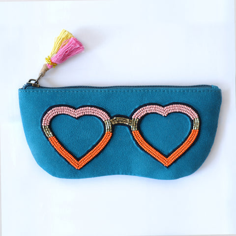 sunglass case, sunglass cover, spectacle cases, quirky gifts, "Hand embroidered sunglass pouch with beads - colorful specs case from India"
