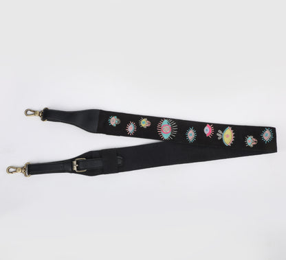 EVIL EYE STRAP SLING BAG- BLACK (WITH EMBROIDERED HANDLE)