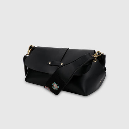 EVIL EYE STRAP SLING BAG- BLACK (WITH EMBROIDERED HANDLE)