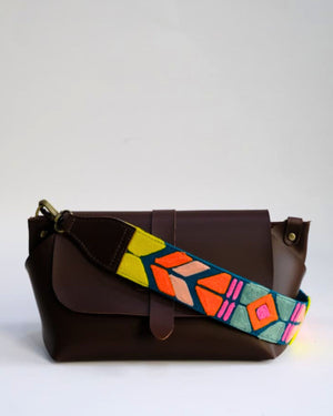 Teal Abstract Strap Sling Bag - Brown (With Embroidered Handle)