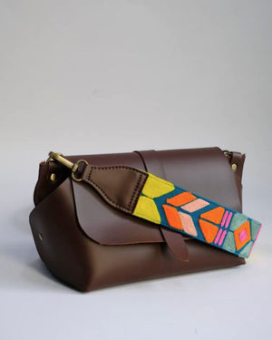 Teal Abstract Strap Sling Bag - Brown (With Embroidered Handle)