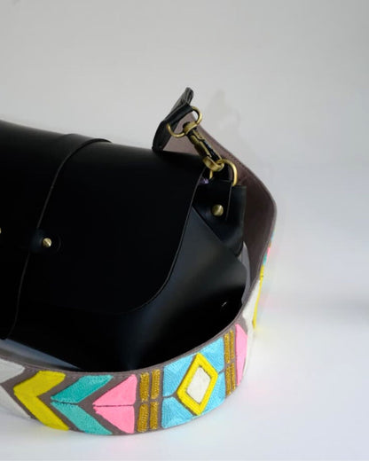 GREY ABSTRACT STRAP SLING BAG- BLACK (WITH EMBROIDERED HANDLE)