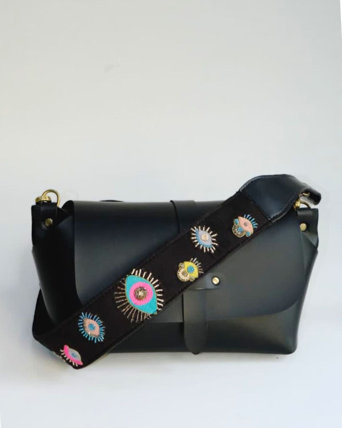 EVIL EYE STRAP SLING BAG- BLACK (WITH EMBROIDERED HANDLE)