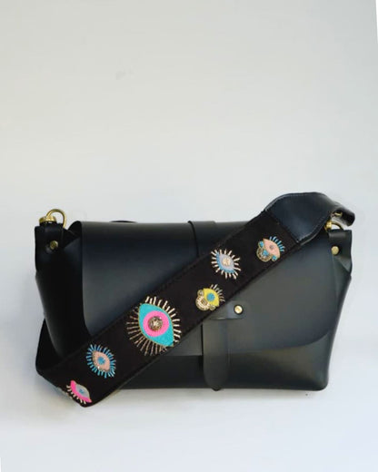 EVIL EYE STRAP SLING BAG- BLACK (WITH EMBROIDERED HANDLE)