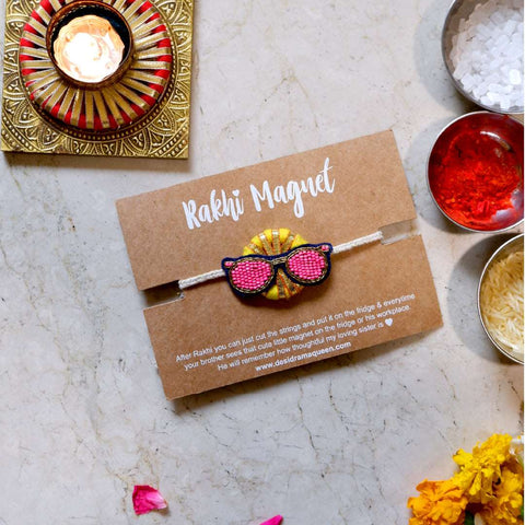 Handmade embroidered Rakhi Magnet – Rakhi Magnet- Yellow ring with Pink Chashma