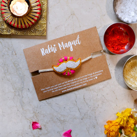 Handmade embroidered Rakhi Magnet – Rakhi Magnets- White Muchhi