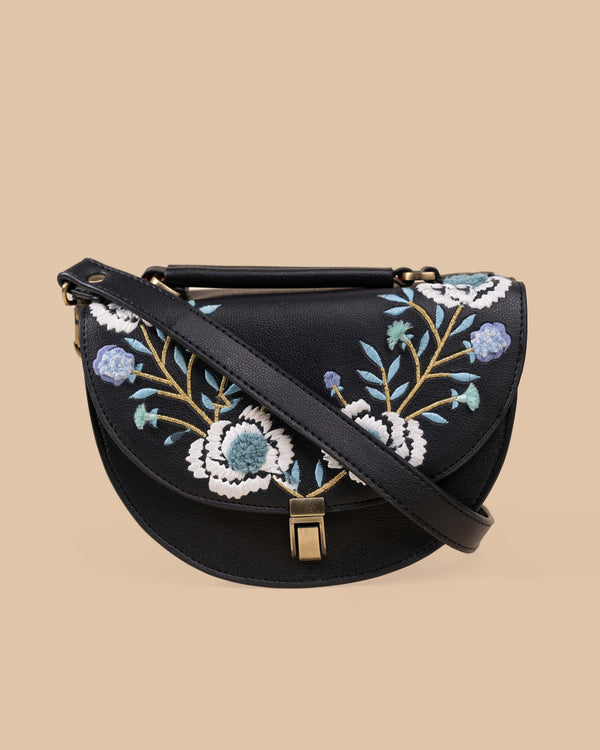 Rexine Floral Black Sling Bag