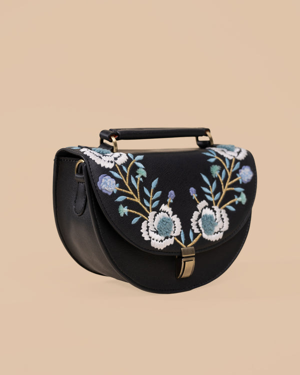 Rexine Floral Black Sling Bag