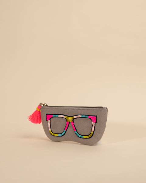 Grey chashma cover with vibrant hand embroidery – stylish sunglass pouch for daily use