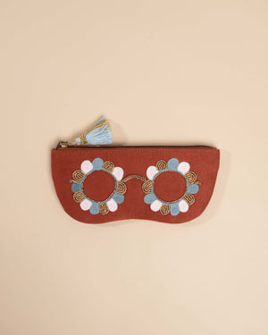 Clara Rust hand-embroidered specs case – floral motif on soft rust fabric, made in India