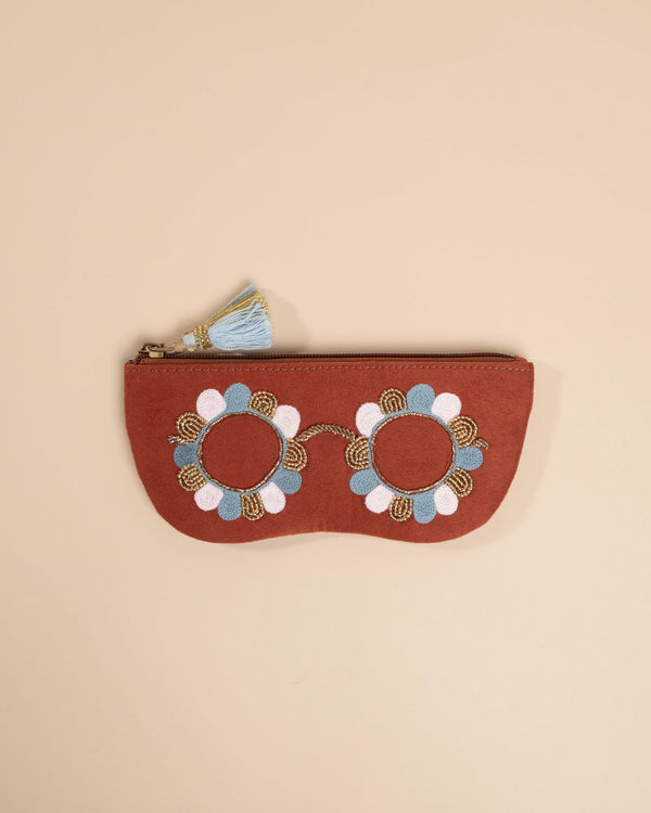 Clara Rust hand-embroidered specs case – floral motif on soft rust fabric, made in India
