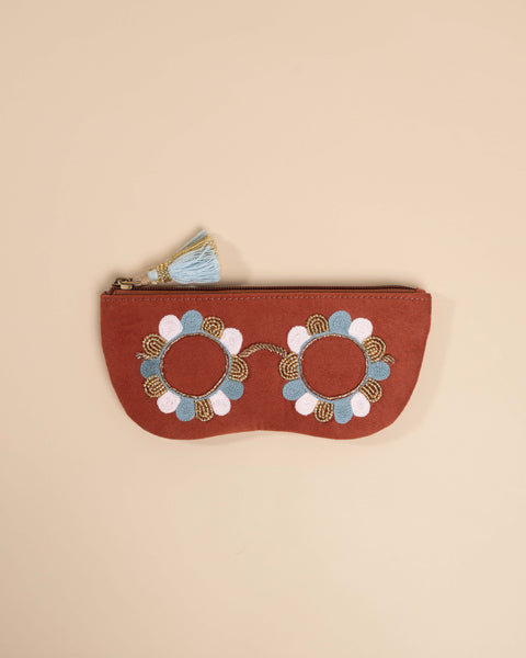 Clara Rust hand-embroidered specs case – floral motif on soft rust fabric, made in India