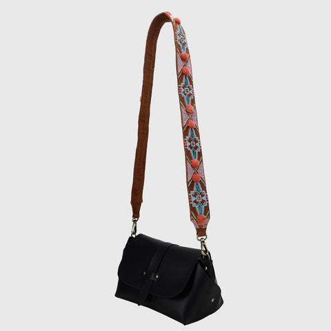 SLING BAG BLACK WITH HARMONY TAN EMBROIDERED STRAP