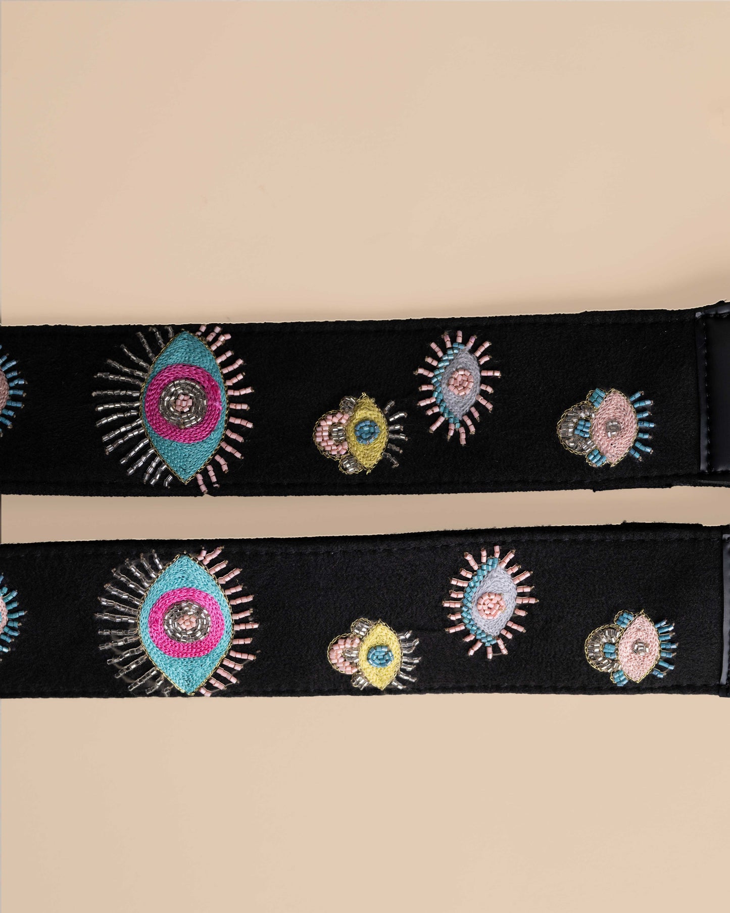 EVIL EYE STRAP SLING BAG- BLACK (WITH EMBROIDERED HANDLE)