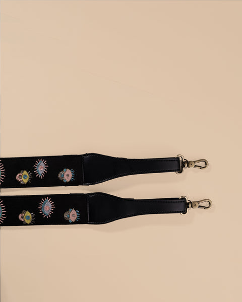 EVIL EYE STRAP SLING BAG- BLACK (WITH EMBROIDERED HANDLE)