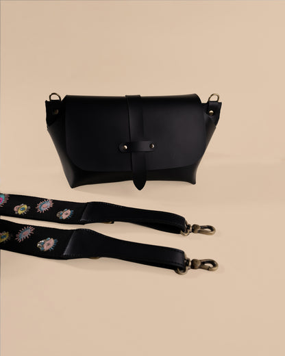 EVIL EYE STRAP SLING BAG- BLACK (WITH EMBROIDERED HANDLE)