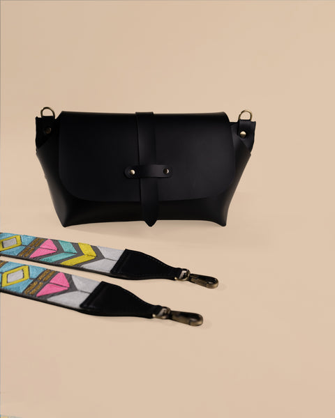 GREY ABSTRACT STRAP SLING BAG- BLACK (WITH EMBROIDERED HANDLE)