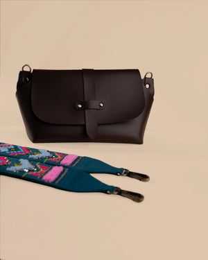Sling Bag Brown with GeoPop Teal Embroidered Strap