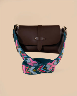 Sling Bag Brown with GeoPop Teal Embroidered Strap