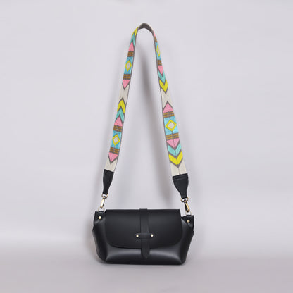 GREY ABSTRACT STRAP SLING BAG- BLACK (WITH EMBROIDERED HANDLE)