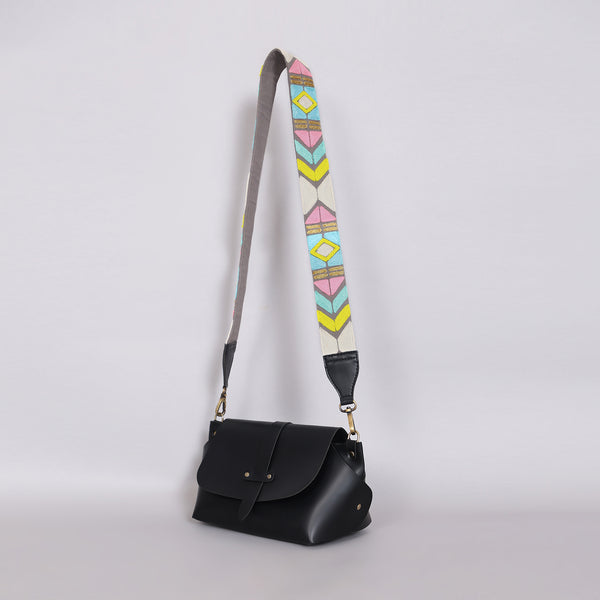 Grey Abstract Strap Sling Bag - Black (With Embroidered Handle)