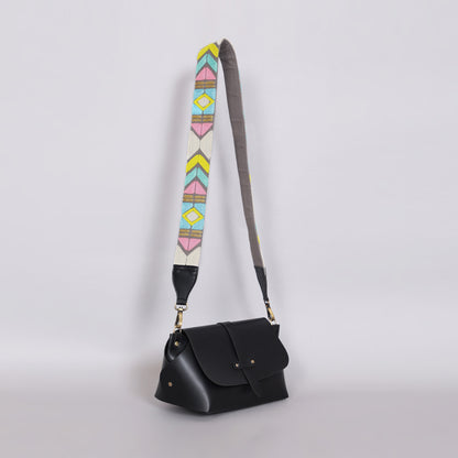 GREY ABSTRACT STRAP SLING BAG- BLACK (WITH EMBROIDERED HANDLE)