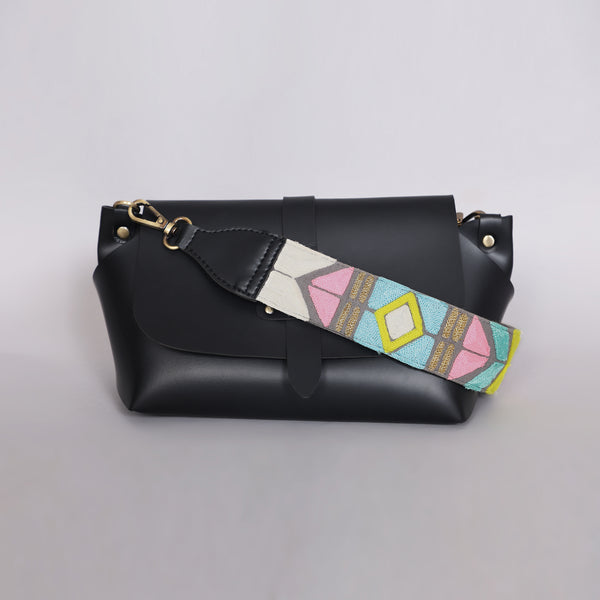 Grey Abstract Strap Sling Bag - Black (With Embroidered Handle)