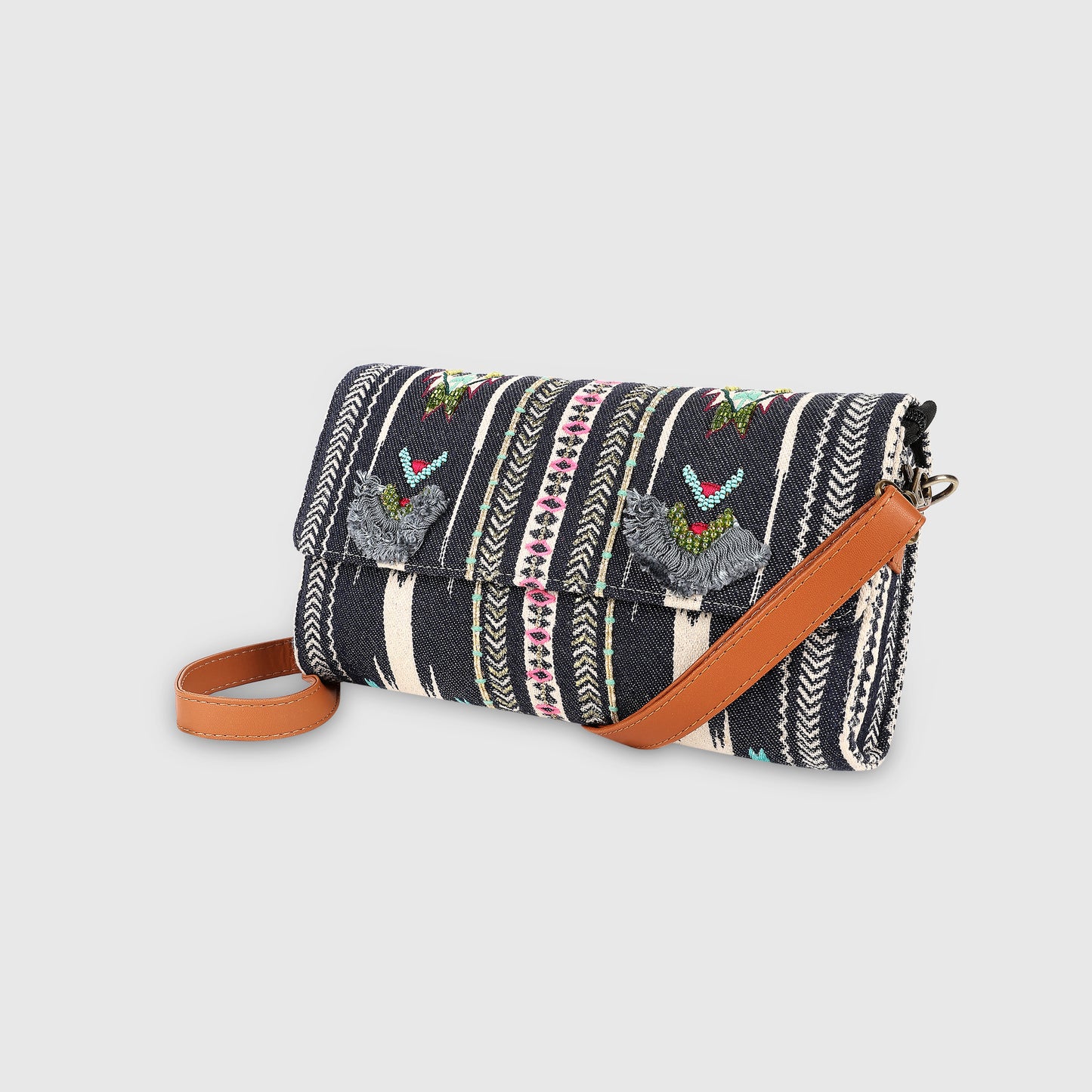 SLING CUM CLUTCH BAG- GREY (EMBROIDERED)