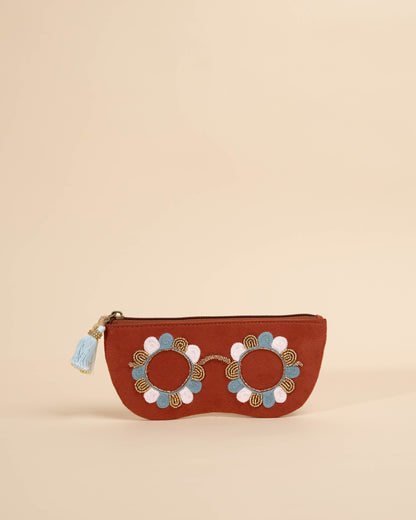 Clara Rust sunglass cover in rust-colored fabric with floral hand embroidery – handcrafted chashma pouch

