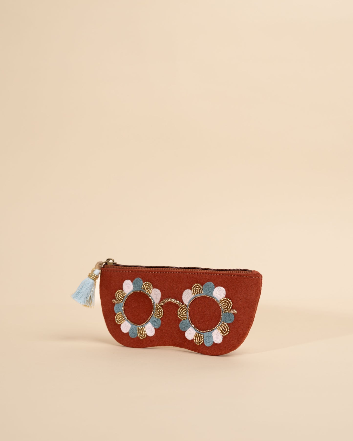 Rust cotton chashma pouch with delicate flower embroidery – handmade Clara Rust specs cover