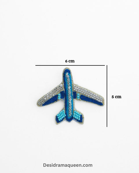 Blue and silver embroidered airplane brooch with beadwork