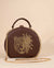 Plum brown sling bag with leopard face embroidery, golden zari, and nakshi handwork
