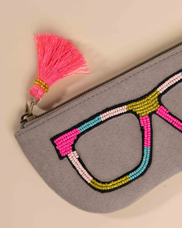 Handcrafted grey specs case with colorful thread embroidery – made in India