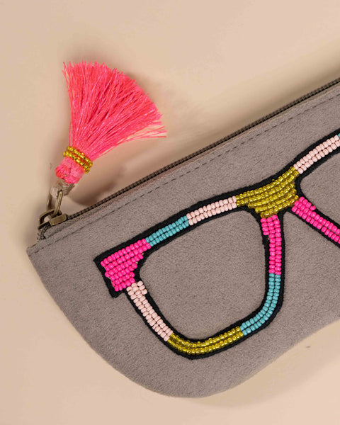 Handcrafted grey specs case with colorful thread embroidery – made in India