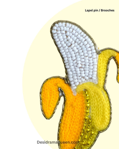 Embroidered banana brooch with bead details in yellow and white, handmade fruit lapel pin for fashion accessories