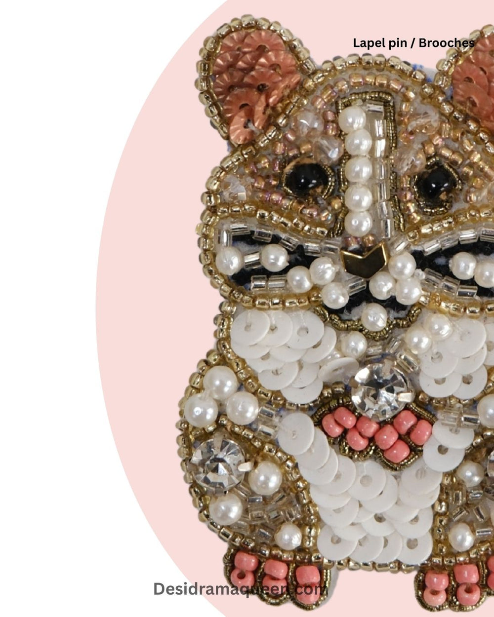 Handcrafted hamster brooch with beads, pearls, and sequins in brown, white, and pink tones, unique animal lapel pin.