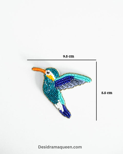 Blue and turquoise kingfisher bird brooch with detailed beadwork