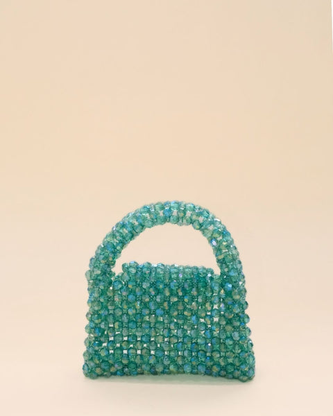 Rainbow bead mini tote with sturdy handle, fashionable beaded purse for women.