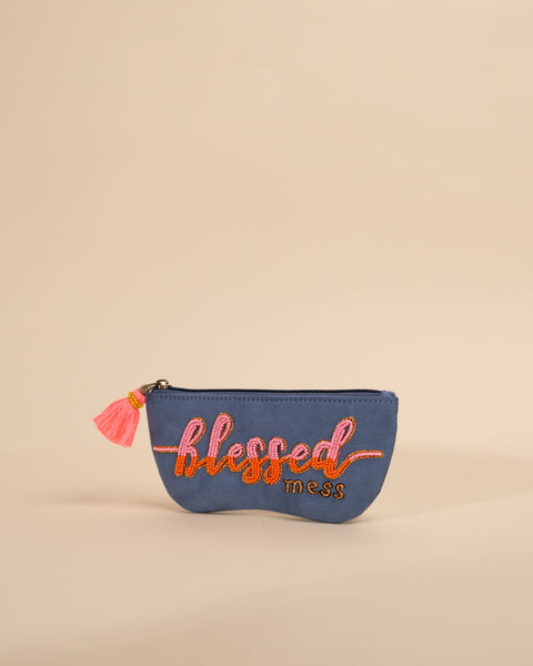 Blessed quote sunglass cover – handmade embroidered specs case with zip closure