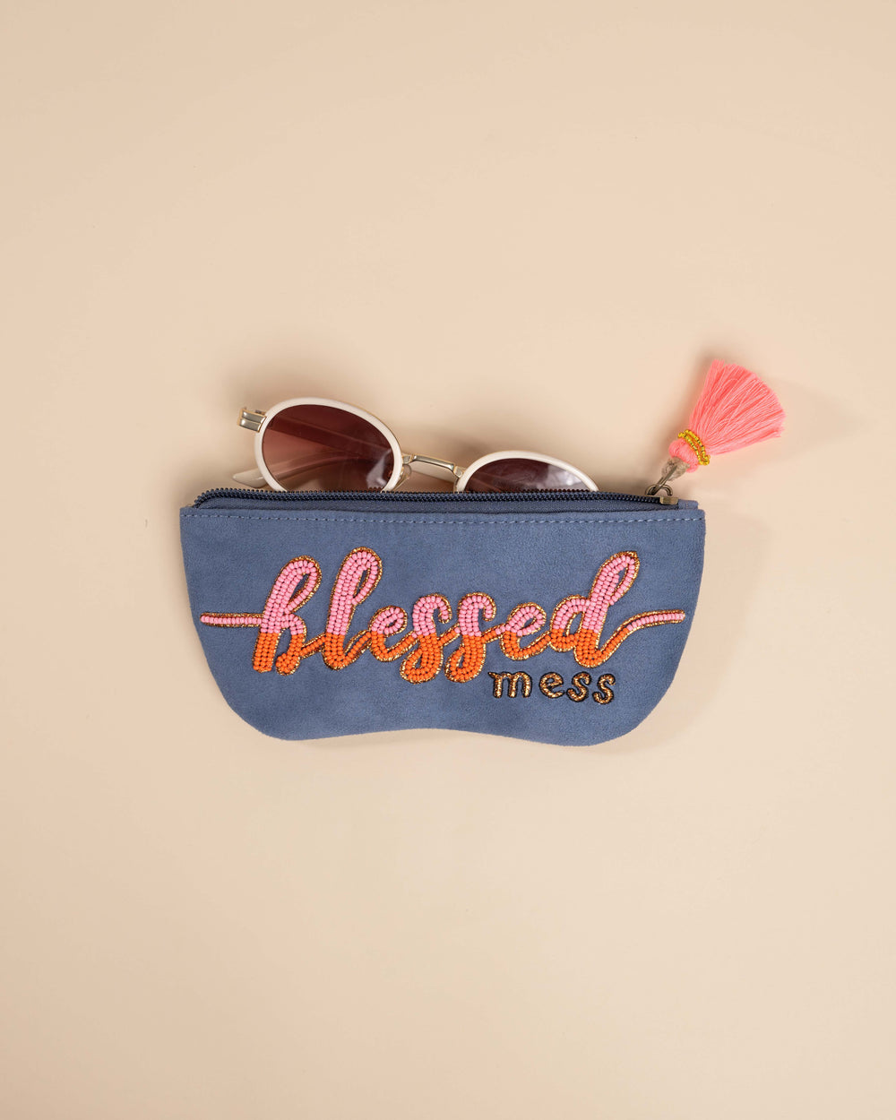 Blessed quote sunglass cover – handmade embroidered specs case with zip closure.