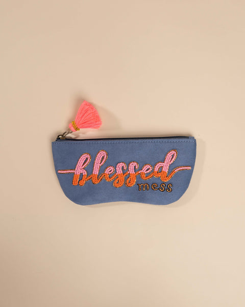 Blessed quote sunglass cover – handmade embroidered specs case with zip closure