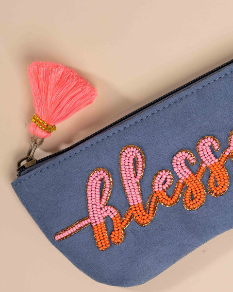Blessed quote sunglass cover – handmade embroidered specs case with zip closure