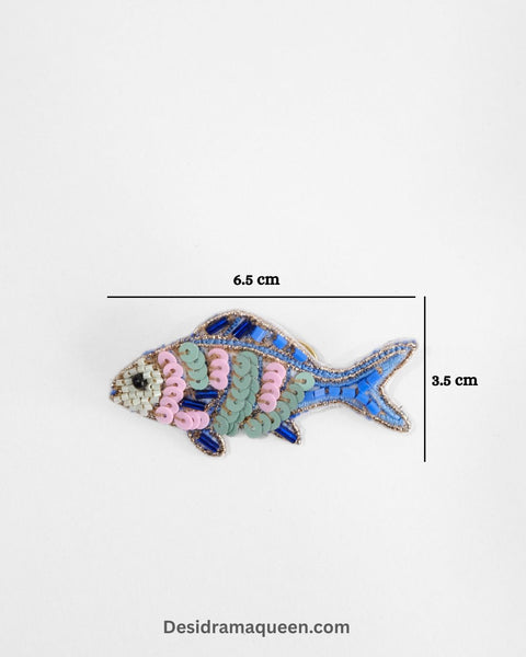 Handmade fish brooch with blue embroidery and bead scales