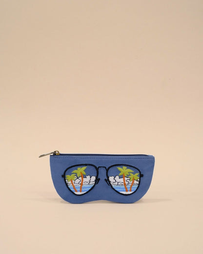 Blue sunglass pouch with embroidered palm trees, ocean, and summer sky inside sunglasses design, handmade tropical eyewear case.