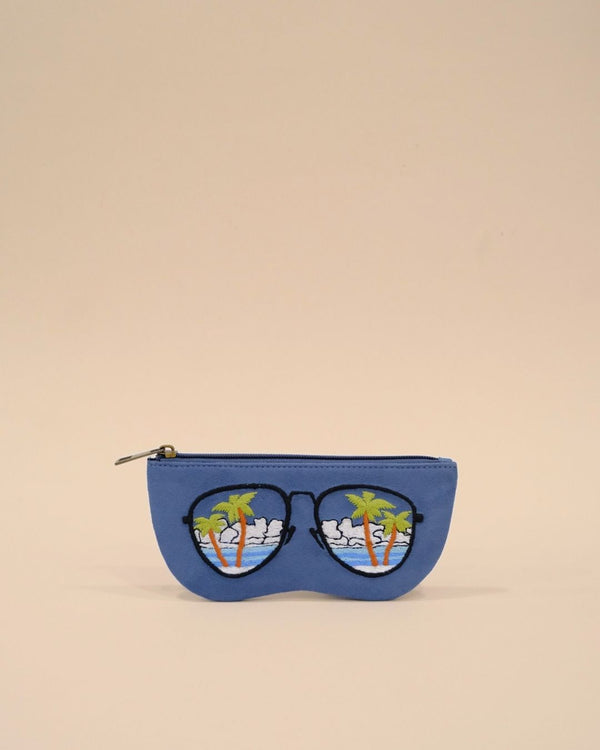 Blue sunglass pouch with embroidered palm trees, ocean, and summer sky inside sunglasses design, handmade tropical eyewear case.