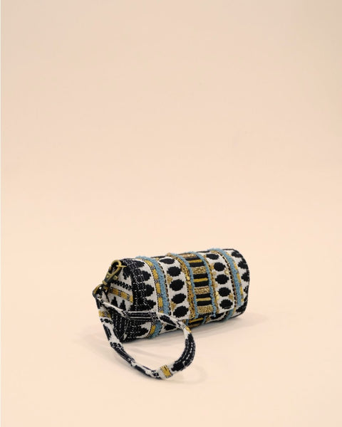 Tribal pattern sunglass cover with geometric embroidery in black, white, gold, and blue tones, handmade eyewear pouch.