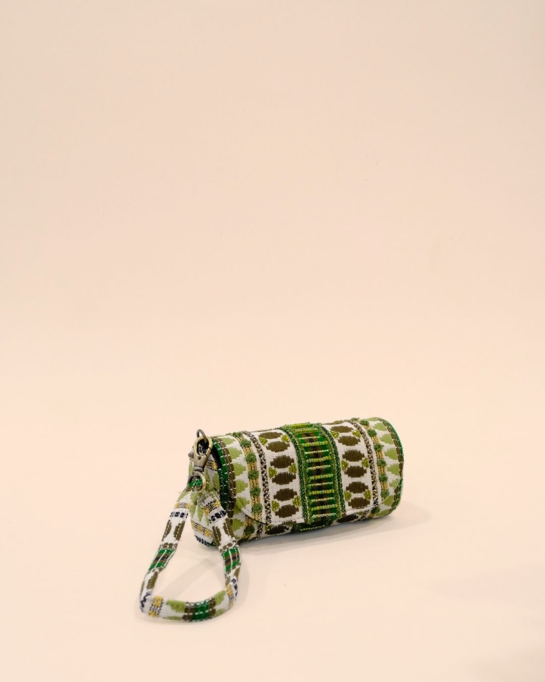 Bohemian tribal sunglass cover in green, olive, and gold embroidery with matching wrist strap, handmade eyewear pouch.