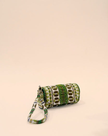 Bohemian tribal sunglass cover in green, olive, and gold embroidery with matching wrist strap, handmade eyewear pouch.