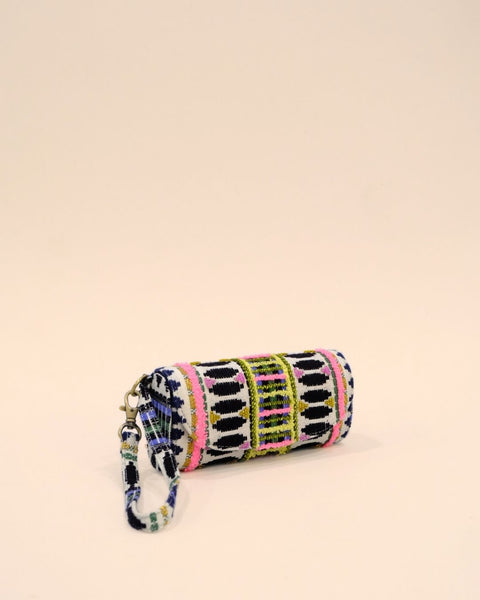 Multicolor sunglass cover with tribal embroidery patterns in black, white, and vibrant tones, handmade pouch for eyewear and accessories.